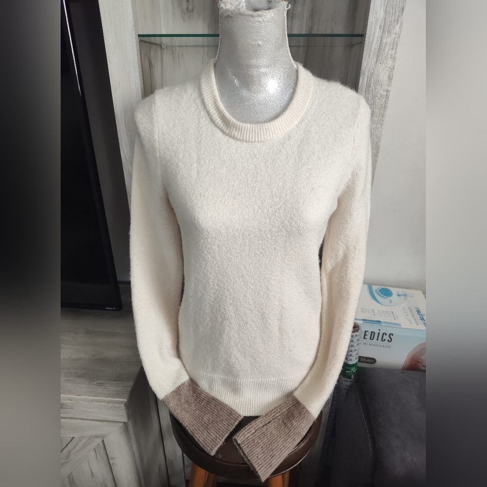 Madewell White Merino Alpaca Blend Long Sleeve  Cream with Brown Accents SZ M